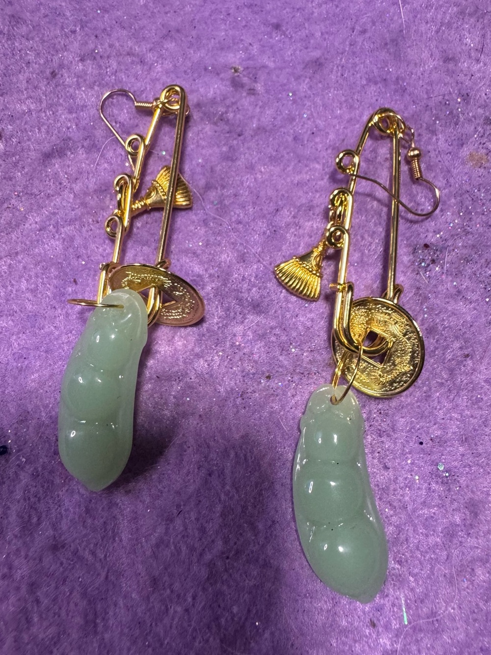 Gold-Tone Jade Green Dangle Safety Pin Earrings - Women Jewelry